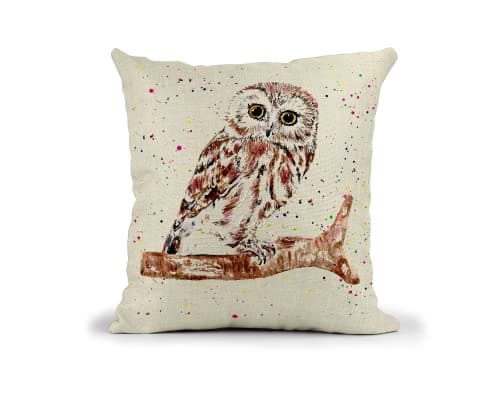 Image of Vixar Owl British Wildlife Hand Painted Watercolour Art Linnen Cushion With filling or cover only, 40x40cm, gift, christmas, Birthday (Cover Only)