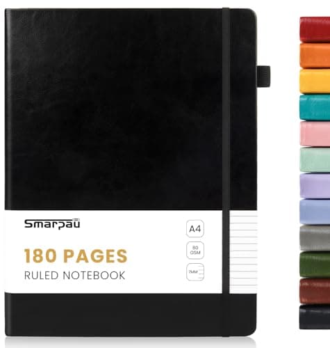 Image of Smarpau A4 Notebook 180 Pages, Leather Lined Journal Notebook for Men Women, Thick Paper No Bleed for Writing, Hardback Notepad for Office School Travel (Black)