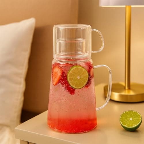 Image of Eden & Willow Borosilicate Glass Water Jug and Cup Set with Lid - 1.2L Pitcher with Handle | Glass Carafe for Fridge, & Bedroom | Suitable for Serving Hot & Cold Beverages