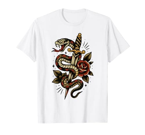 Image of Snake Tattoo | Serpent with Dagger and Rose | Tattoo Flash T-Shirt