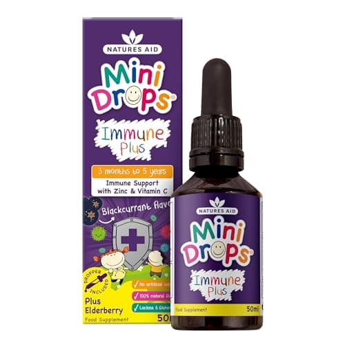 Image of Natures Aid Mini Drops Immune Plus for Kids 50ml - Immune Support with Zinc and Vitamin C - Sugar Free, Vegan, Non-GMO, Natural Supplement for Infants and Children Age 0-5 Years Old - Dropper Included