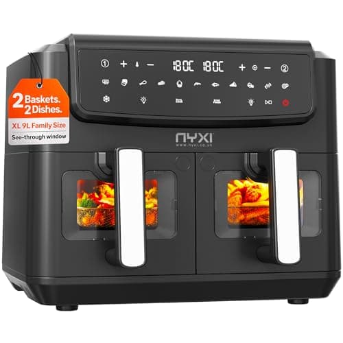 Image of Nyxi Air Fryer 9L Dual Basket (4.5L Each), Visual Window, 13 Cooking Modes, Digital Control, Adjustable Temperature, Timer, Non-Stick Tray, Energy-Saving (Dual Basket, 9 Litre, Model 3867)