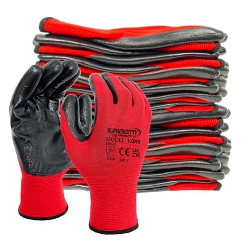 Image of Supreme TTF 24 Pairs PREMIUM NITRILE COATED Red Nylon Work Gloves Builders Gardening Grip (Small [Size 7])