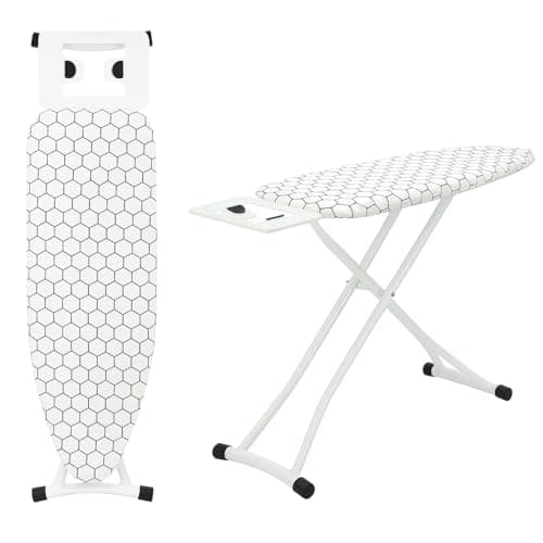 Image of GREENSAPPIRE Ironing Boards 110x32cm Adjustable Heights Folding Ironing Board with 6 Heights (66–77cm), Lightweight Iron Board with Cotton Cover, Non-Slip Feet & Iron Rest (White Square)