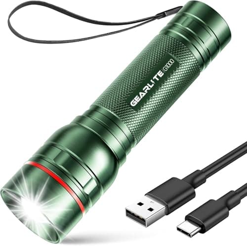 Image of GEARLITE Rechargeable LED Torch, 2000LM Torches LED Super Bright with 3 Modes, Portable Small Torch with Battery, Waterproof Flashlight Zoomable for Power Cut, Emergency, Camping, Hiking- Green