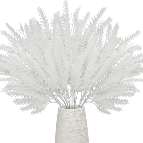 Image of Pack of 12 Glitter Leaves, 38CM Artificial Christmas Picks, Shiny Tree Decorations for Xmas Ornaments, Vase Fillers, DIY Wreath, Garland, Flower Arrangement (White)