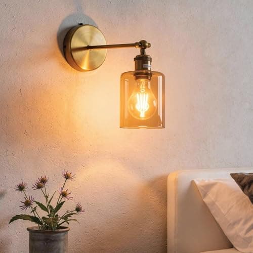 Image of LEDSone Industrial Vintage Wall Sconce E27 Brass Wall Light with Amber Glass Shade, 180° Adjustable Swing Arm, Modern Loft Wall Lamp for Bedroom Living Room Cafes Indoor Lighting Fixture (Antique)