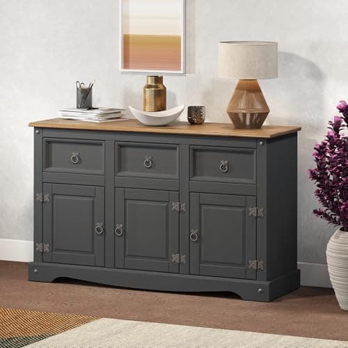 Image of Corona Charcoal 3 Door Sideboard Solid Wood Pine Wooden Painted Dark Grey Dresser Storage Shabby Chic Mexican Style Cupboard Cabinet Hallway Kitchen Living Dining Room 76cm High 125cm Wide 40cm Deep
