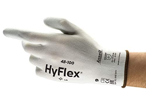 Image of Ansell HyFlex 48-100 Thin Work Gloves, Stretch Fit Nylon Liner with Flexible PU Coating, Lightweight Safety Gloves for Precision Handling, DIY and Mechanics, White, Size L (12 Pairs)