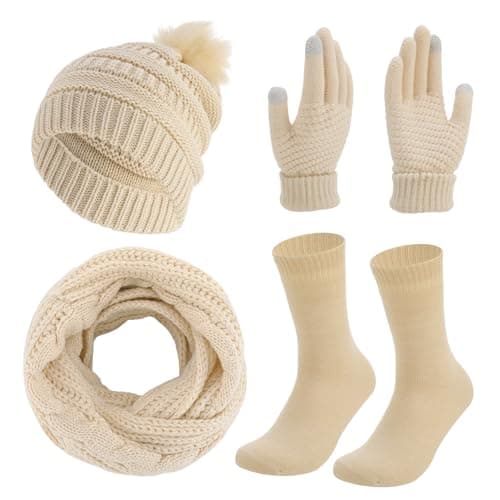 Image of Meng Jiaran Knitted Hat Scarf and Gloves Set,4Pcs Touch Screen Gloves Scarf Hat Thermal Socks for Women Ladies Skiing Outdoor Sports