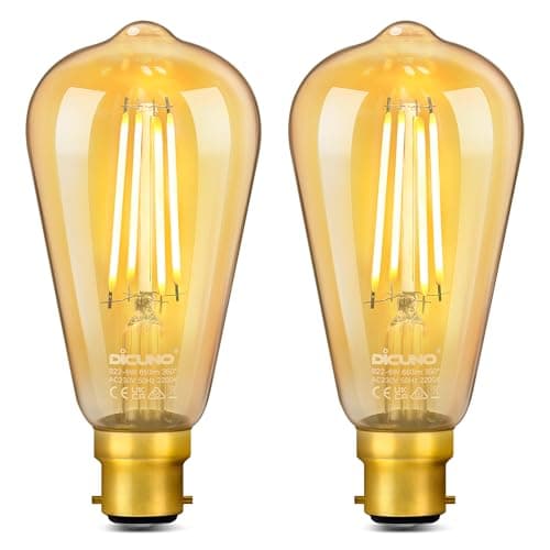 Image of DiCUNO ST64 Vintage Light Bulb B22 6W, 60 Watt Equivalent, Antique/Retro Amber Glass Lamp, 2200K Warm White, Not-dimmable, Bayonet LED Filament Lamp Squirrel Cage, 660LM, 2 Pcs