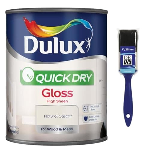 Image of Natural Calico Quick Dry Gloss Paint 750ml+ 1" Paint Brush | Interior Wood and Metal Paint | High Shine Durable Finish | Fast Drying Trim Paint for Doors Skirting Boards Radiators and Furniture