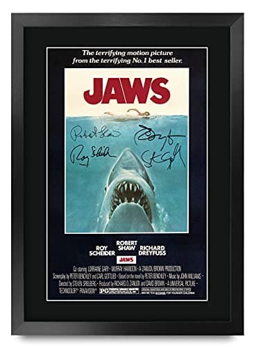 Image of HWC Trading A3 FR JAWS Movie Poster Cast Signed Gift FRAMED A3 Printed Autograph Film Rob Scheider Robert Shaw Richard Dreyfuss Gifts Print Photo Picture Display