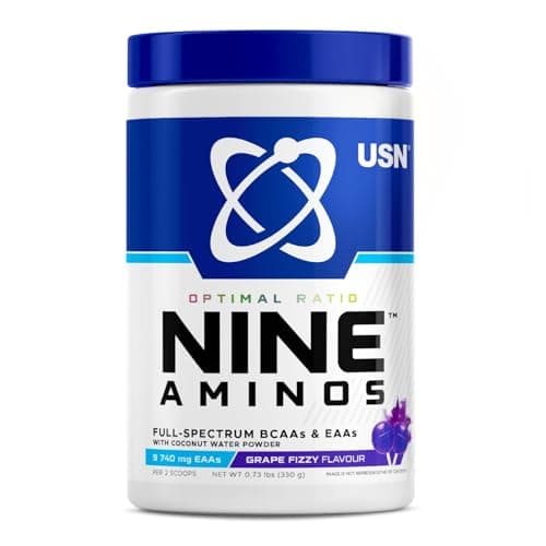Image of USN Nine Aminos – BCAA Amino Acids & EAA Essential Amino Acids Powder with Added Magnesium & Coconut Water Powder to Support Recovery and Hydration. Grape Fizzy Pop Flavour (330g – 30 Servings)