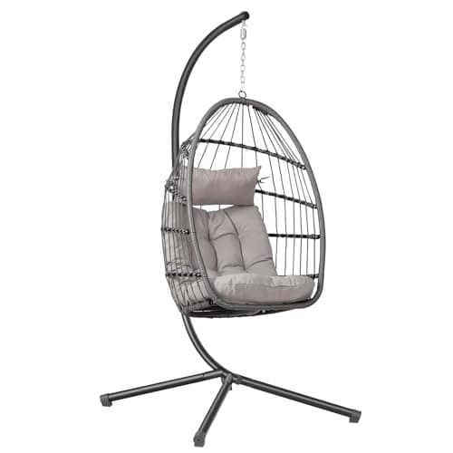 Image of Panana Rattan Garden Egg Swing Chair with Stand, Outdoor Hanging Swinging Chair Hammock Basket Seating with Cushion, Foldable Basket, Adjustable Height, 158kg Capacity for Patio, Balcony, Bedroom