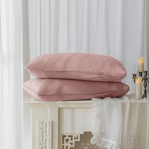 Image of EVERLY 100% Linen Pillowcases Set of 2, Envelope Overlap Closure French Natural Washed Flax Pillowcases 20x30 inches-Pink