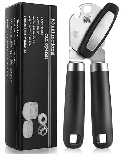 Image of RICKUNCL Tin Opener Manual, Multifunctional Stainless Steel Heavy Duty Can Opener Handheld, Easy Turn Knob & Bottle Opener, Can Opener That Works for Arthritis Hands – Black