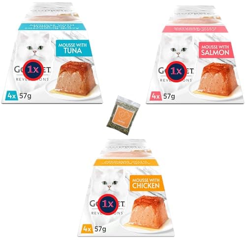 Image of UbiPet Cat Food Bundle with Revelation Mousse Chicken, Tuna, Salmon (Total 12 Servings x57 grams) and 1x Catnip 5 grams