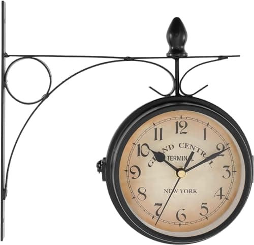 Image of Almineez Double Sided Wall Clock, Outdoor Garden Clock Train Station Clock Vintage Wall Mounted Outdoor Garden Decoration Ornament