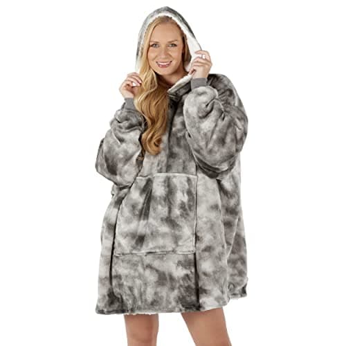 Image of TIE DYE Oversized Hoodie Blanket Women Ultra Plush Fleece with Soft Sherpa Reversible Warm Cosy Comfy Wearable Hooded Giant Sweatshirt Throw Girls Adults Men Boys Kids Big Pocket (Grey Silver)