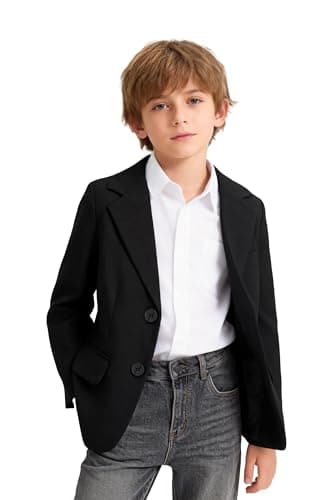 Image of LOLANTA Boys Casual Blazer, Kids Solid Classic Suit Jacket, Single Breasted with Flap Pocket, Black, 6-7 Years, 130