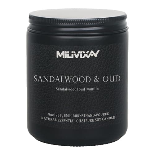 Image of MILIVIXAY Candle for Men Sandalwood & Oud Scented Classic 9oz Jar Single Wick Candle, Soy Wax Candles for Consistent Burn, Over 50 Hours of Burn Time, Ideal for Creating Relaxing & Holiday Gifting.