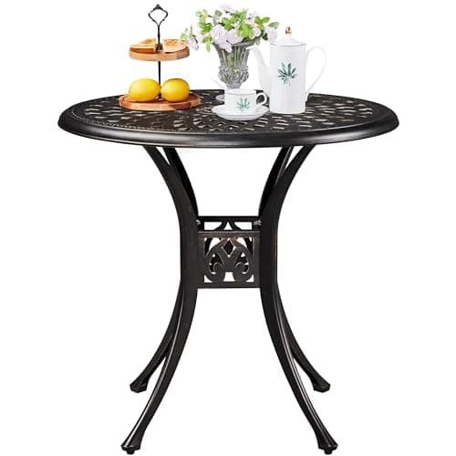 Image of Yaheetech 78 cm Round Garden Dining Table, Cast Aluminum Outdoor Patio Bistro Table with Umbrella Hole, All-Weather Outdoor Conversation Side Table for Balcony, Garden, Patio, Porch, Bronze