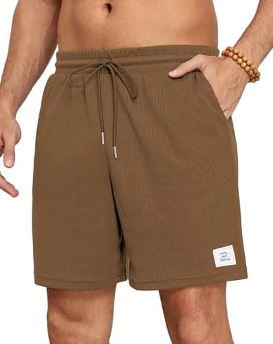 Image of Anelune Men's Waffle Knit Shorts with Pockets - Classic Fit Elastic Waist Casual Sports Shorts for Summer, Beach, Vacation Dark Khaki L