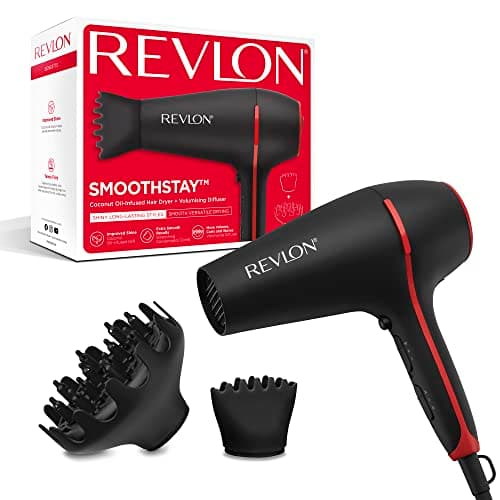 Image of Revlon Smoothstay Coconut Oil-Infused Hair Dryer (2000 watts, 2 Accessories for Styling Versatility: Diffuser & Concentrator Comb, Ceramic Tourmaline Ionic Technology) RVDR5317
