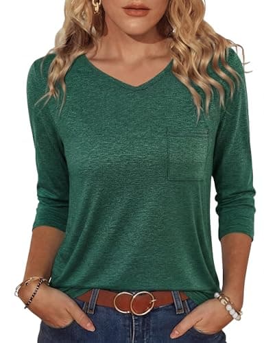 Image of Crewhpo 3/4 Sleeve Tops for Women UK Ladies T Shirts V-Neck Basic Tunic Blouses with Pocket Summer Casual Plain Tees Trendy Outfits Green