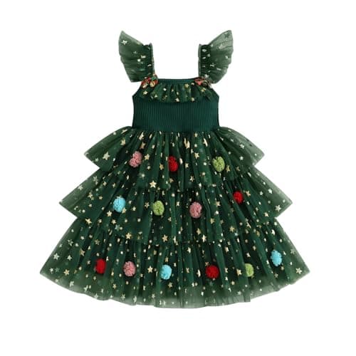 Image of Baby Girls Christmas Tulle Tutu Dress Star Print Fly Sleeve Layered Ball Tulle Dress Cake Smash Xmas Tree Dresses (Green, 4-5 Years)