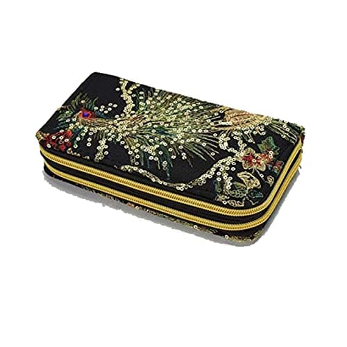 Image of 1PCS Coin Purse Women Fashion Peacock Embroidered Wristlet Bag Ethnic Embroidery Wallet Purse Coin Handbag Long Zipper Presents Decorative (Black)