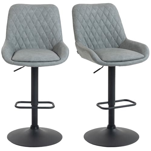 Image of HOMCOM Breakfast Bar Stools Set of 2, Height Adjustable Swivel Barstools, PU Leather Upholstered Bar Chair with Wide Seat, Backrest, Large Base and Footrest for Kitchen, Dining Room, Light Grey