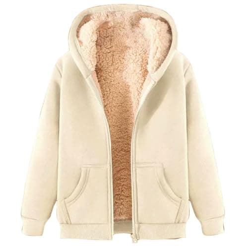 Image of Womens Fleece Zip Up Jacket Sherpa Lined Hooded Sweatshirt Winter Warm Thermal Hoodie Casual Heavyweight Coats (A-Beige, L)