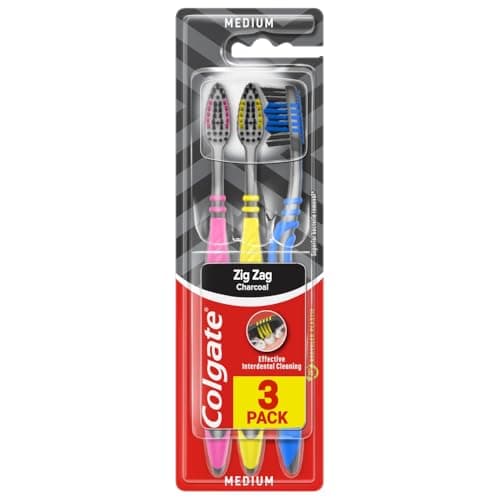 Image of Colgate Zigzag Medium Bristles Manual Toothbrush Pack of 3, Multi Angle Cross Bristles with Flexible Neck for Gum Comfort and Tongue Cleaner