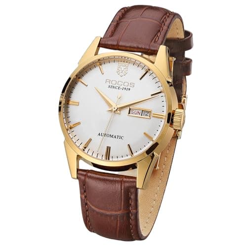 Image of ROCOSJEWE R0101 Men's Automatic Mechanical Watch Golden Luxury Watch for Men Classic Retro Wristwatch Day Date Brown Leather Strap Dress Watches Waterproof Gift for Men Fashion Business, Brown
