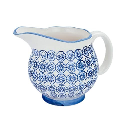 Image of Nicola Spring Hand-Printed Milk Jug - 300ml - Navy Decorative Porcelain Dishwasher Safe Floral Pattern Tableware Cappuccino Coffee Milk Pitcher Jugs with Handle