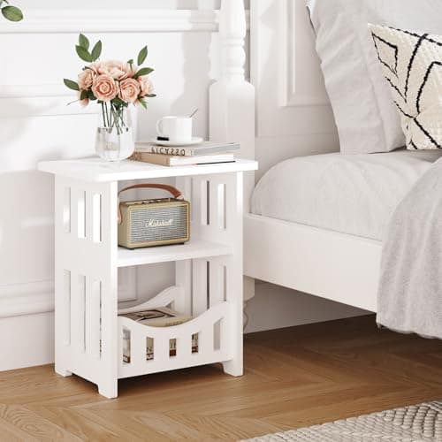 Image of Dripex 3-Tier Side End Table with Storage Shelf Basket, White Small Bedside Table, Slim Narrow Nightstand Small Spaces for Living Room, Bedroom, Bathroom, Balcony