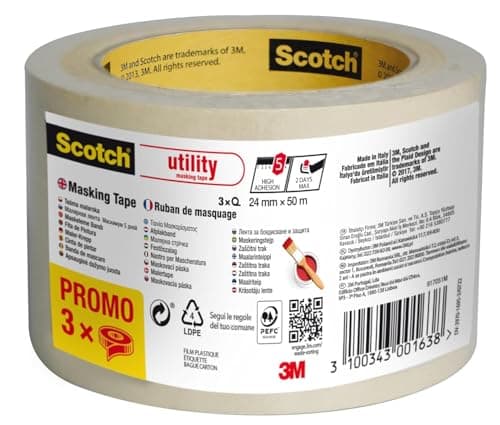 Image of Scotch Masking Tape, Promo Pack of 3 Rolls, 24 mm x 50 m, Beige - Painters Masking Tape for Indoor Painting and Decorating, 70% PEFC