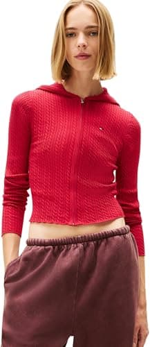 Image of Tommy Jeans Womens Tjw Essential Zipper Cardi Dw0dw21673 Zip Through Hoodie Sweater, Red (Ruby Rhubarb), M UK