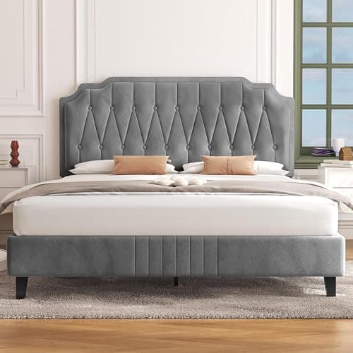 Image of Yaheetech 5ft King Bed Frame Upholstered Platform Bed with Adjustable Button Tufted Headboard/Velvet Fabric/Sturdy Wooden Slat Support/No Box Spring Needed, Light Grey King Bed