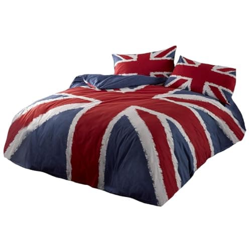 Image of Rapport Home Union Jack Single Duvet Cover Set - UK Flag Bedding for Kids, Teens & Adults - Reversible Cotton Blend 135x200cm with Matching Pillowcase, Navy Blue, Red