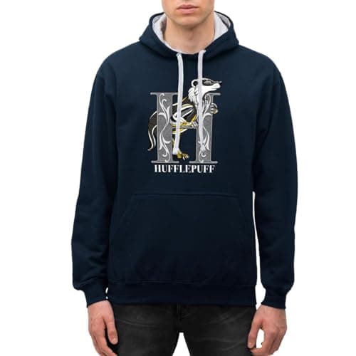 Image of Spreadshirt Harry Potter Hufflepuff Monochrome Unisex Contrast Hoodie, M, navy/heather grey