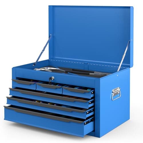 Image of HOMFME 6 Drawer Tool Storage Cabinet, Heavy-Duty Metal Tool Chest with Automatic Lock System, 2 Keys, Top Storage Tray, Ball Bearing Runners, EVA Mats, Portable Tool Box for Warehouse Garage (Blue)