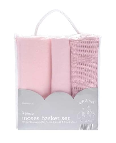 Image of COUNTRY CLUB Soft, Cosy and Easy Care 3 Piece Baby Moses Basket Set - Cellular Blanket/Polar Fleece Blanket/Fitted Sheet - Newborn Baby Gift Idea - White, Blue or Pink (Pink)