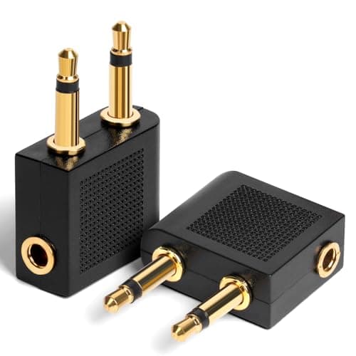 Image of AXFEE Airplane Flight Headphone Adapters, 2 Pack Gold Plated 3.5mm Airplane Flight Adapters for Headphones, Airplane Headphone/Earphone Socket Adaptor, Stereo Aux Jack Airplane Headphone Adapters