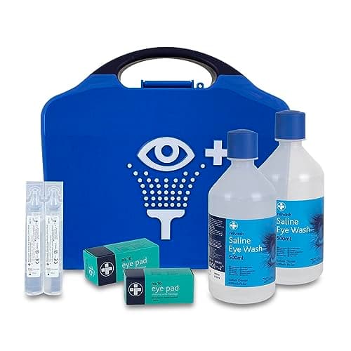 Image of Reliance Medical First Aid Eye Wash Kit - 2 x 500ml Reliwash Eyewash Bottles with Mirror - 2 x 20ml Saline Sterile Solution Pods Drops for Eyes And Eye Pads