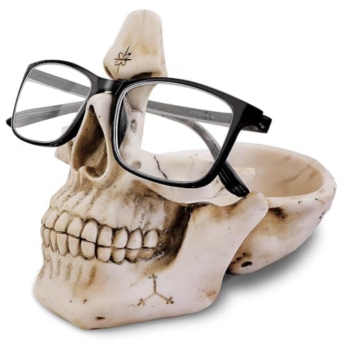 Image of VIPbuy Skull Glasses Holder Stand , Novelty Eyeglass Holder Rack with Storage Tray for Nightstand, Resin Skull Head Statue Sculpture Home Office Desk Decor Gift (White)