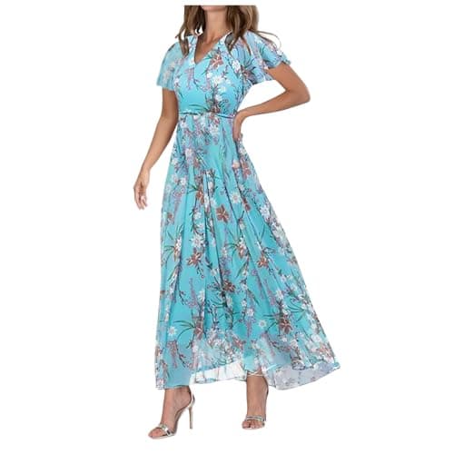 Image of Women's Chiffon Floral Maxi Dress - Summer Elegant Boho Long Flowy Dresses Ruffle Sleeves V Neck Vacation Beach Outfit Wedding Guest Engagement Cocktail Party