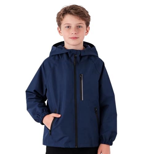 Image of JinBei Kids Waterproof Jackets Boys Girls Lightweight Windbreaker Hooded Windproof Jacket with Zipper Pockets and Reflective Strips Outerwear Raincoat Navy Blue Coat Clothes for 11-12 Years